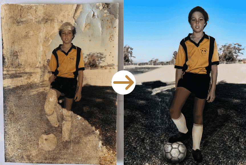 Water-damaged photo, restored by hand, before and after