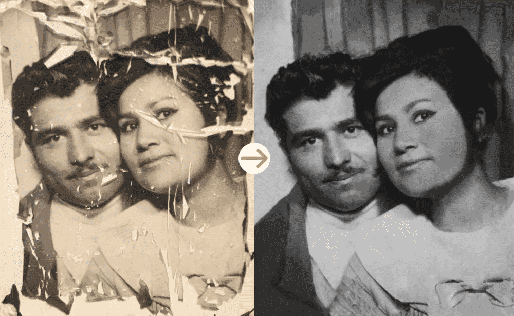 Stains & marks photo, restored by hand, before and after