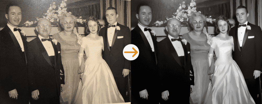 Discolored photo, restored by hand, before and after