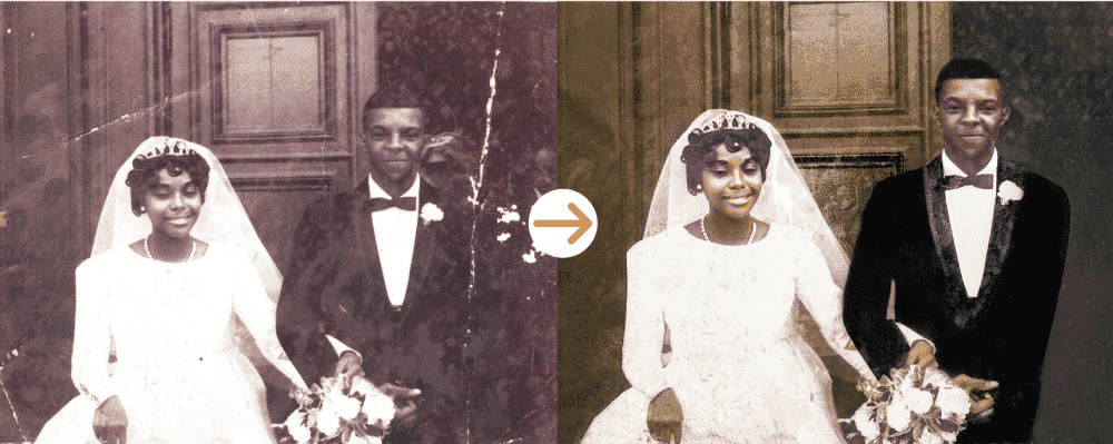 Scratched photo, restored by hand, before and after