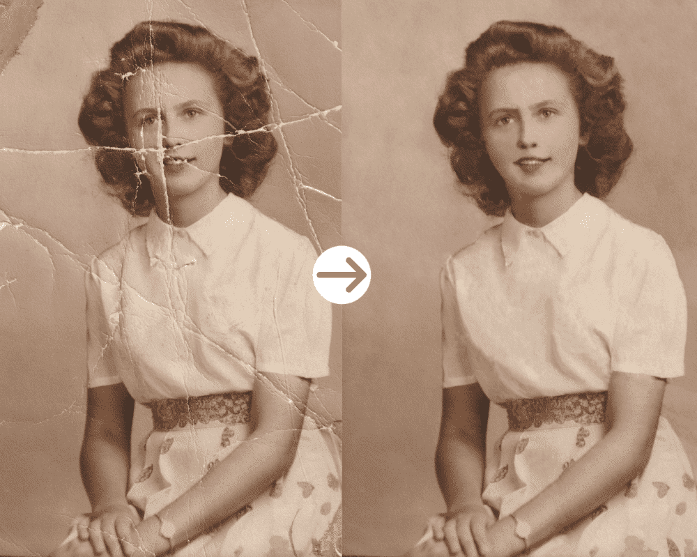 Torn & in pieces photo, restored by hand, before and after