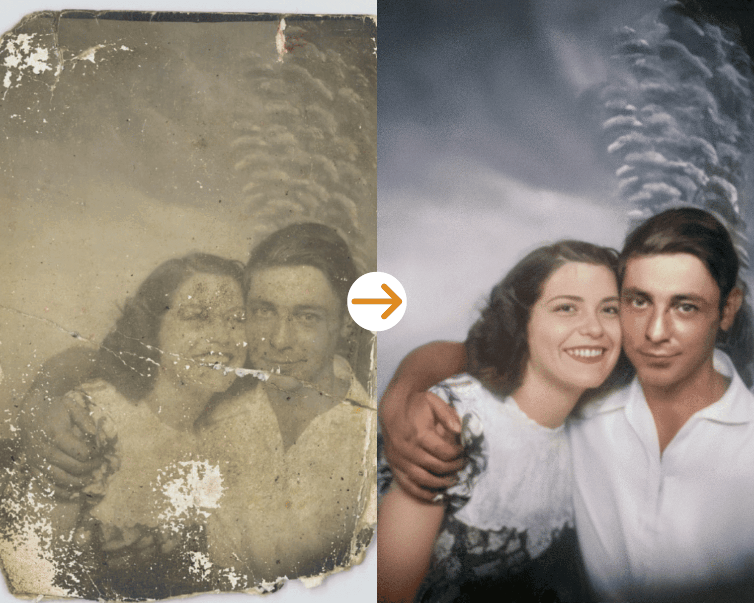 Faded almost white photo, restored by hand, before and after